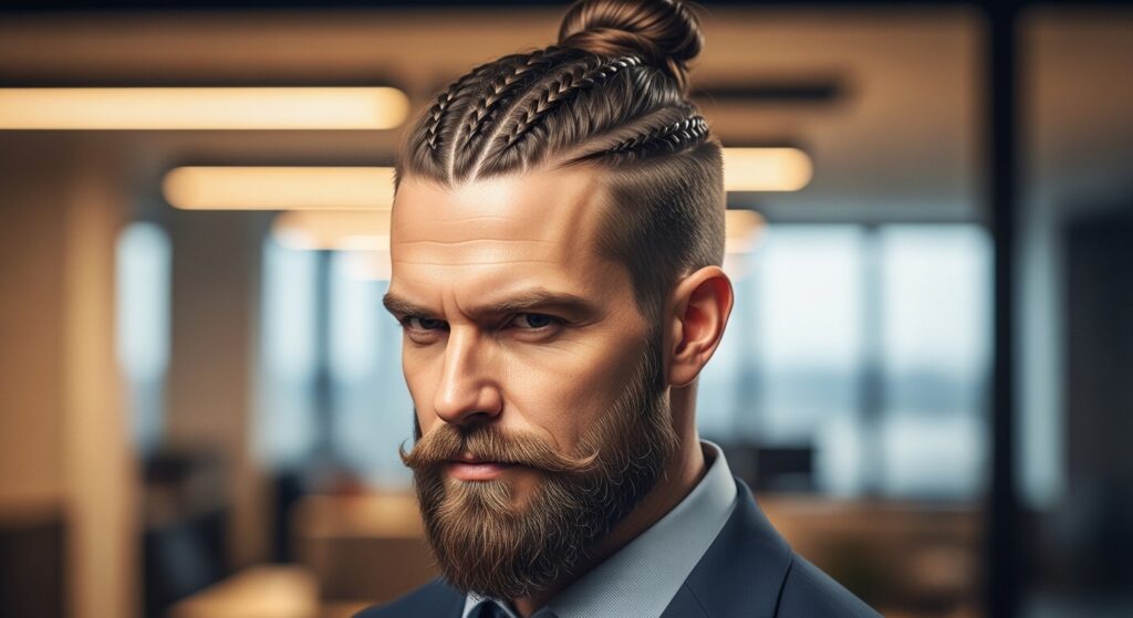 professional man bun hairstyle with clean fade for men 