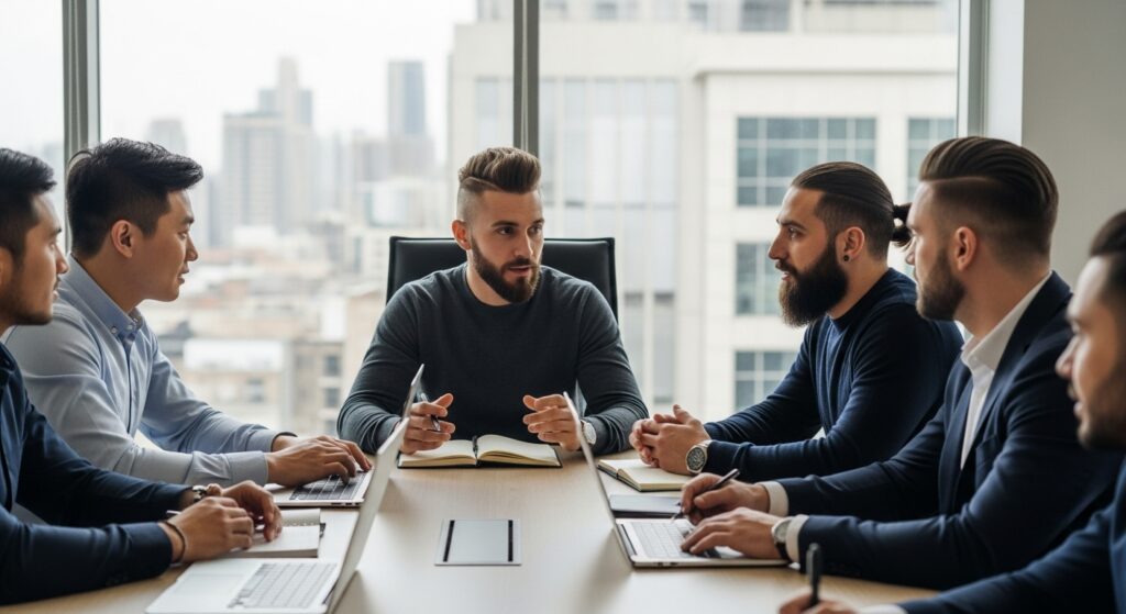  Professional variety of hairstyles in a workplace setting.