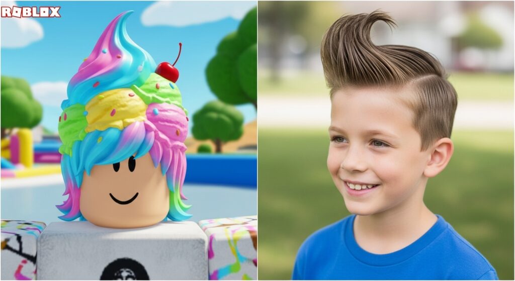A comparison of the Roblox ice cream hairstyle with the boy's ice cream haircut.