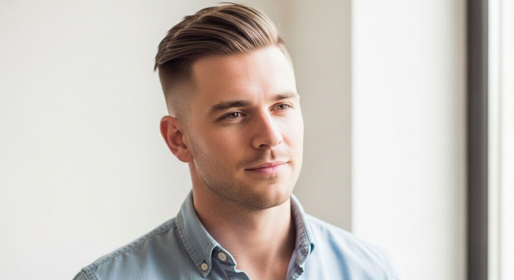 Image Idea: Short side swept undercut man in casual shirt.
Alt Tag: Short side swept undercut for men.