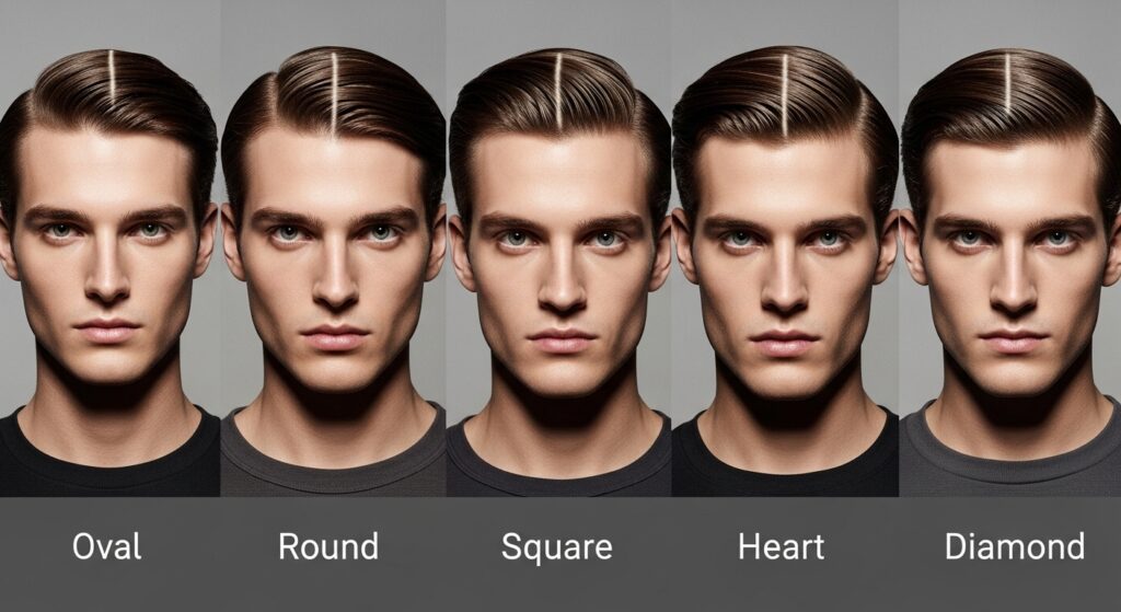  Examples of men with different face shapes wearing a middle part haircut.