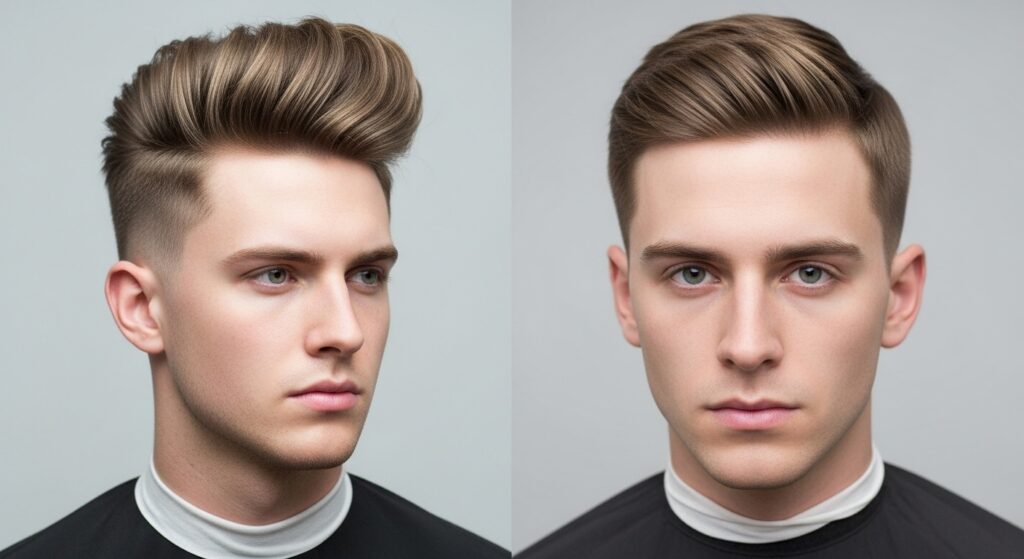 comparison of brush up hairstyle vs fade haircut on men.