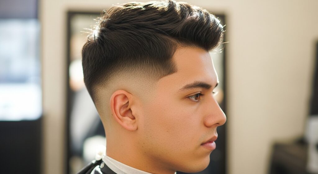 Medium fade haircut side profile with textured hair on top.