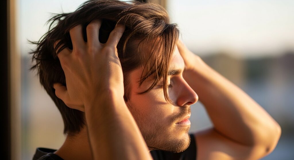 Man with diamond face shape adjusting hairstyle.