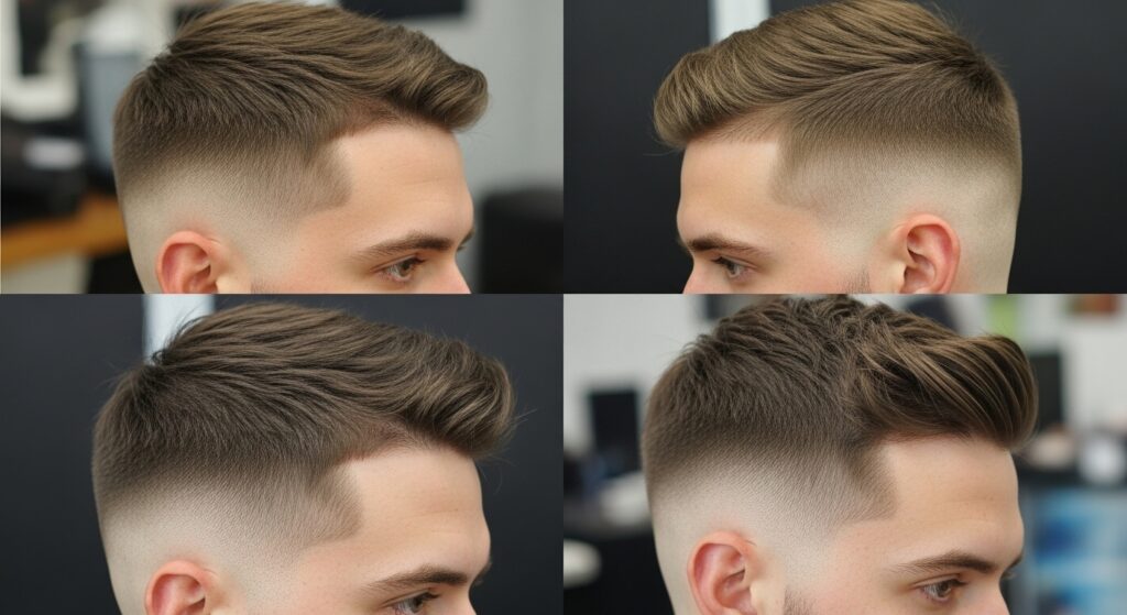 Variations of medium fade haircut including taper, skin, beard, and crop styles.