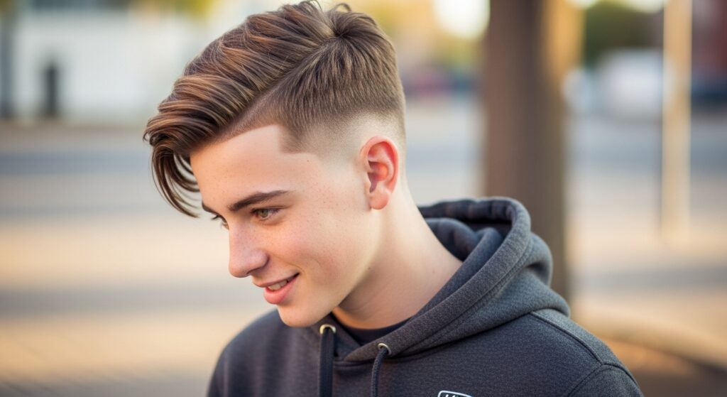 Boy with medium side-swept hair hairstyle.