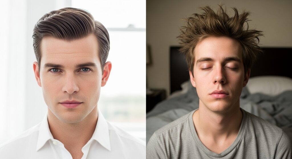 Professional vs unprofessional men’s hairstyle comparison.