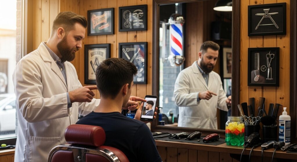 (Image idea: barber and client discussing haircut with photo reference. Alt tag: "Man showing barber photo of textured crop style")