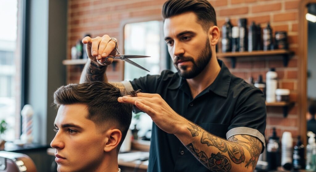 (Image idea: barber styling a short textured crop with scissors. Alt tag: "Barber using scissors to cut a short textured crop for a man")