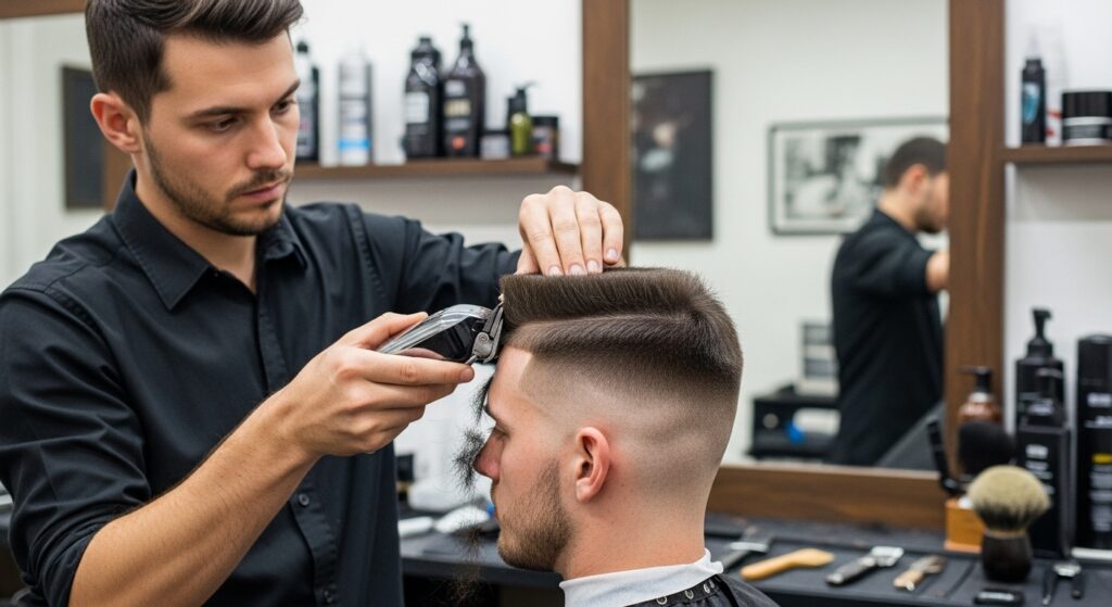 bum-forming a flat top haircut with clippers.
