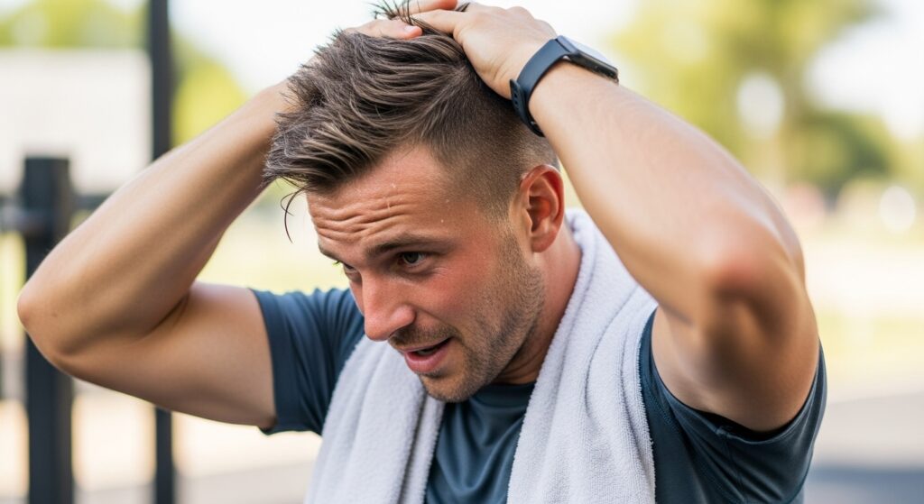 (Image idea: casual candid of man running hands through short textured crop after workout. Alt tag: "Man adjusting his textured crop after exercise")
