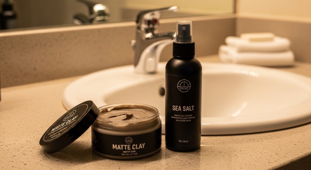 (Image idea: jar of matte clay next to sea salt spray on bathroom counter. Alt tag: "Men’s hair products for styling textured crop")