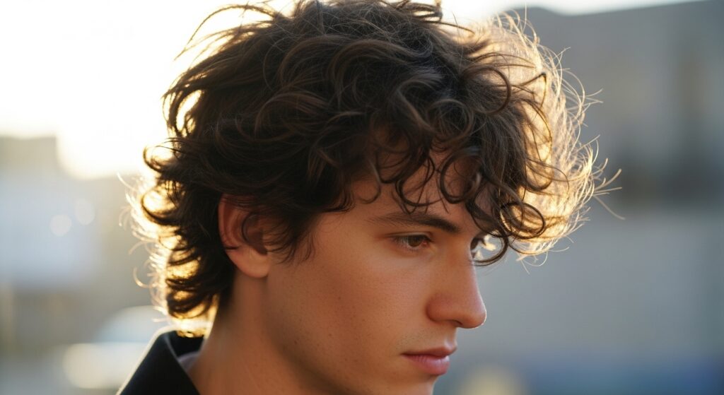 natural light photo of dry and curly hair in a messy wolf cut.)