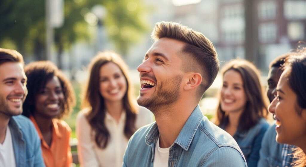 (Image idea: outdoor candid of man with textured crop laughing with friends. Alt tag: "Candid shot of man with textured crop hairstyle enjoying casual moment")