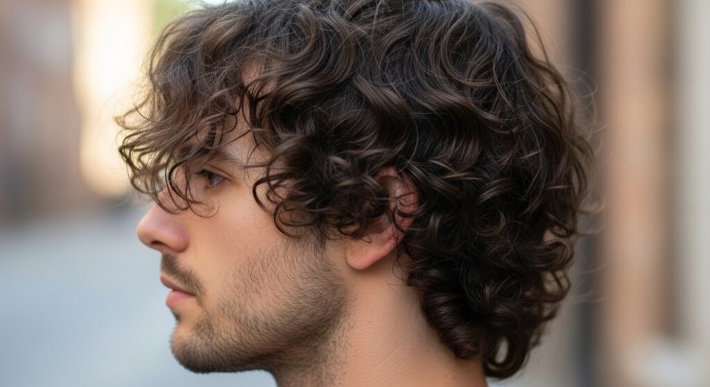 (Image idea: side profile of a man with wolf cut curly hair, natural curls falling around ears. Alt tag: “wolf cut curly hair male profile view”)