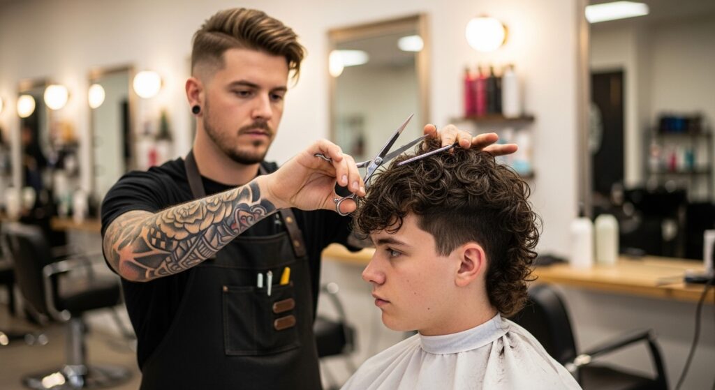 (Image idea: stylist shaping a wolf cut layer on curly hair. Alt tag: “barber cutting curly wolf cut layers”)