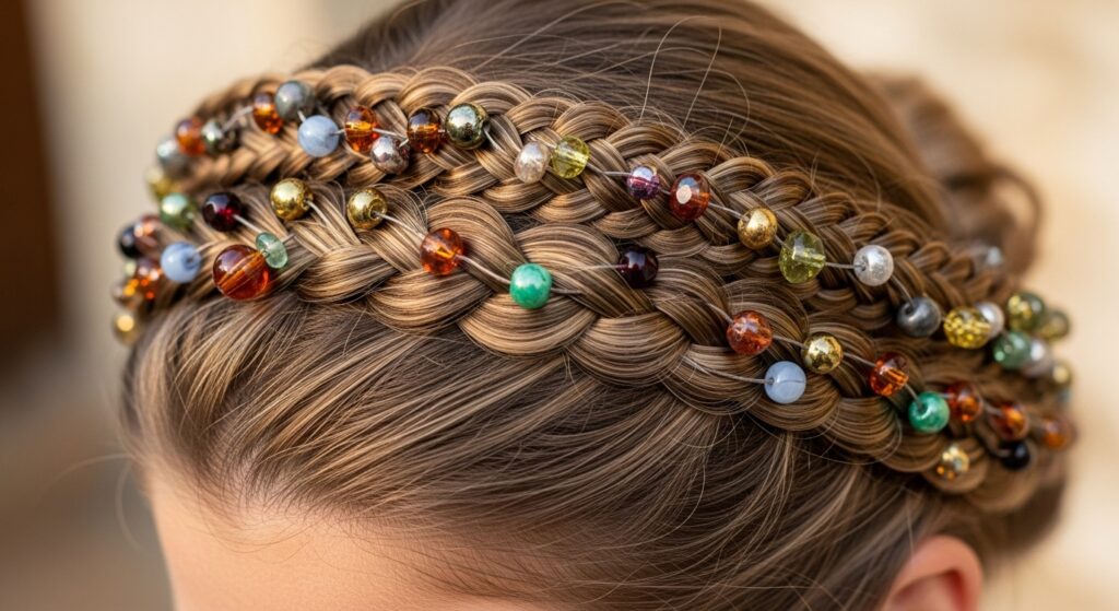 Crown braid with beads for special event.