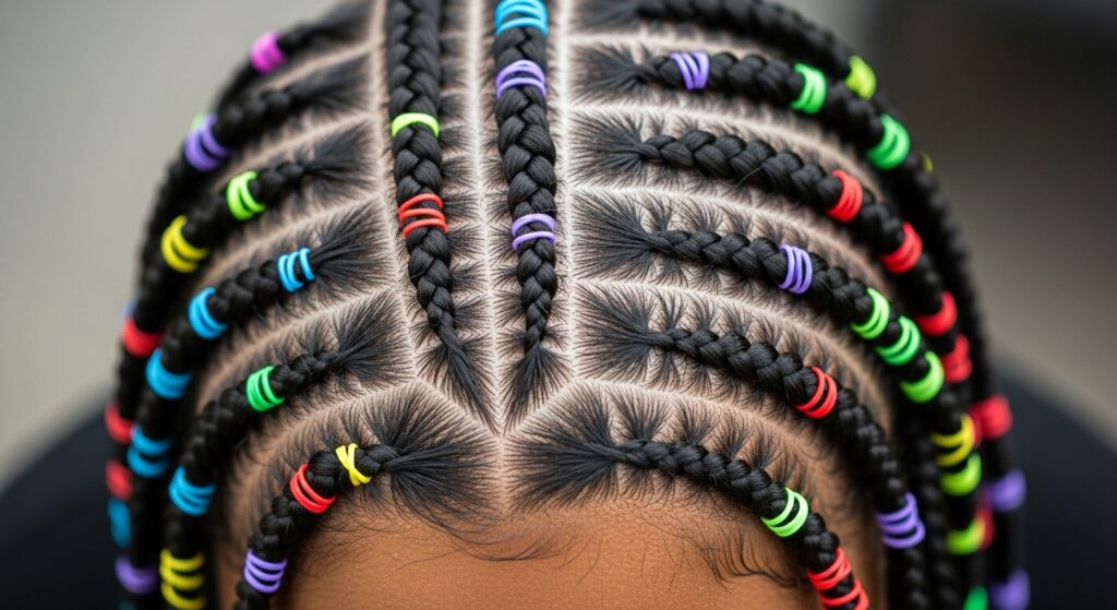 Cornrows with colorful bands for kids.