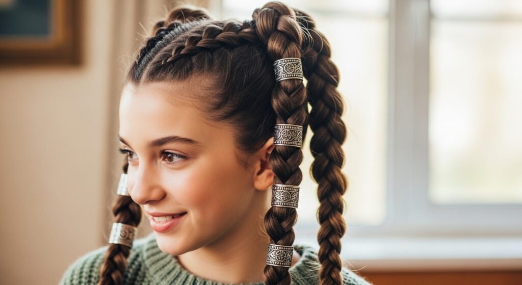 Black girl with braided ponytails and hair cuffs.
