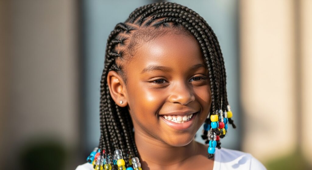 Girl with box braids and beads hairstyle for school.
