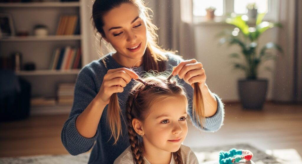 Parent unbraiding front braids on a child.
